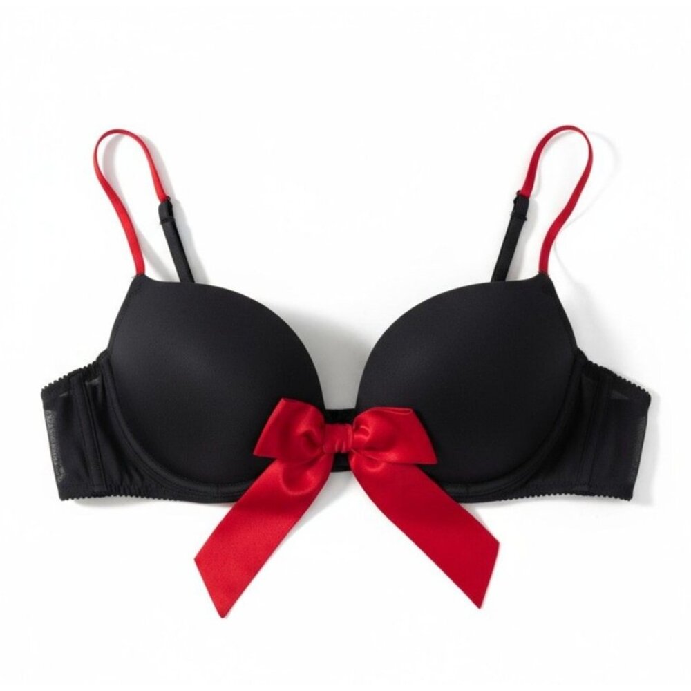 Fredericks Of Hollywood X-Large Black & Red Satin Bra With Bow
